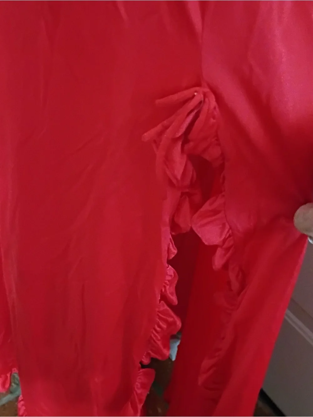 Vintage ladies red v-neck long ruffled hem gown slip dress w/side slits. Size M. - Picture 4 of 8
